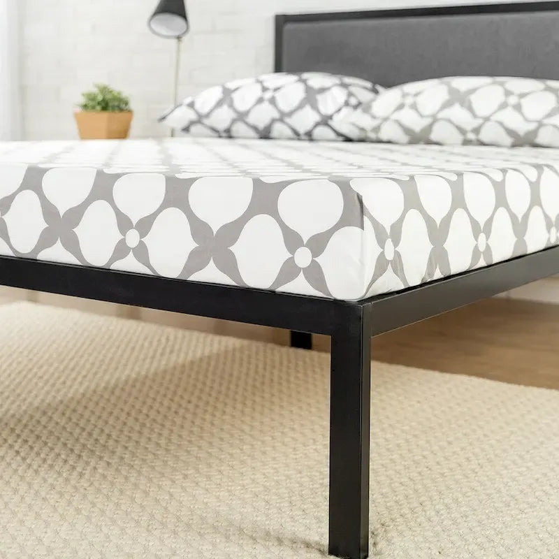Cadre de lit plateforme en acier noir avec tête de lit en tissu gris, 1 personne
