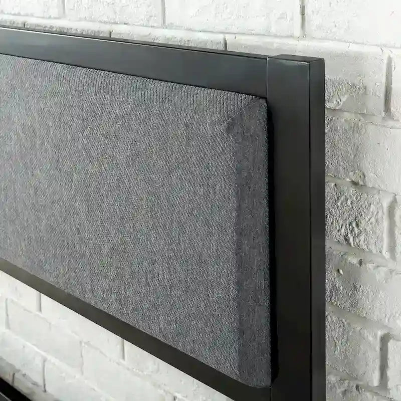 Cadre de lit plateforme en acier noir avec tête de lit en tissu gris, 1 personne