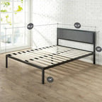 Cadre de lit plateforme en acier noir avec tête de lit en tissu gris, 1 personne