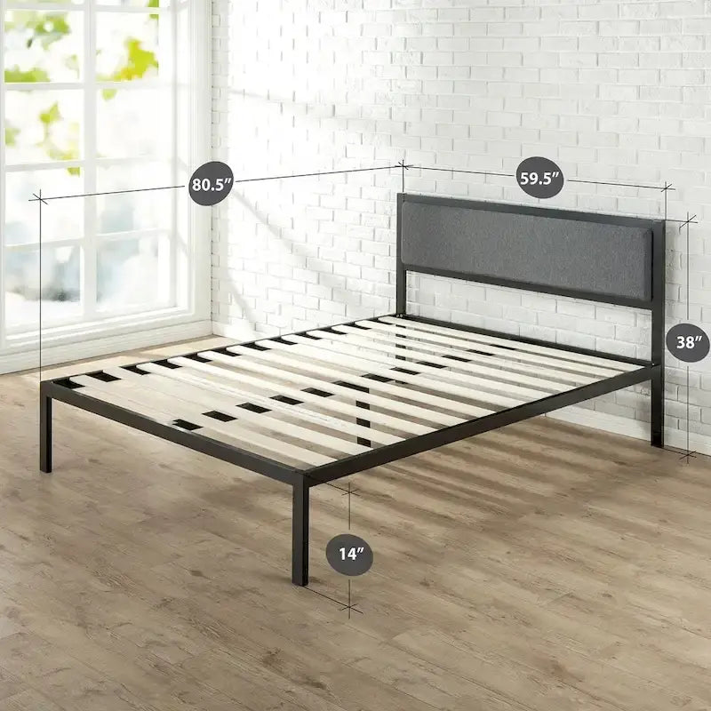Cadre de lit plateforme en acier noir avec tête de lit en tissu gris, 1 personne