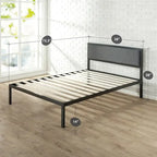 Cadre de lit plateforme en acier noir avec tête de lit en tissu gris, 1 personne