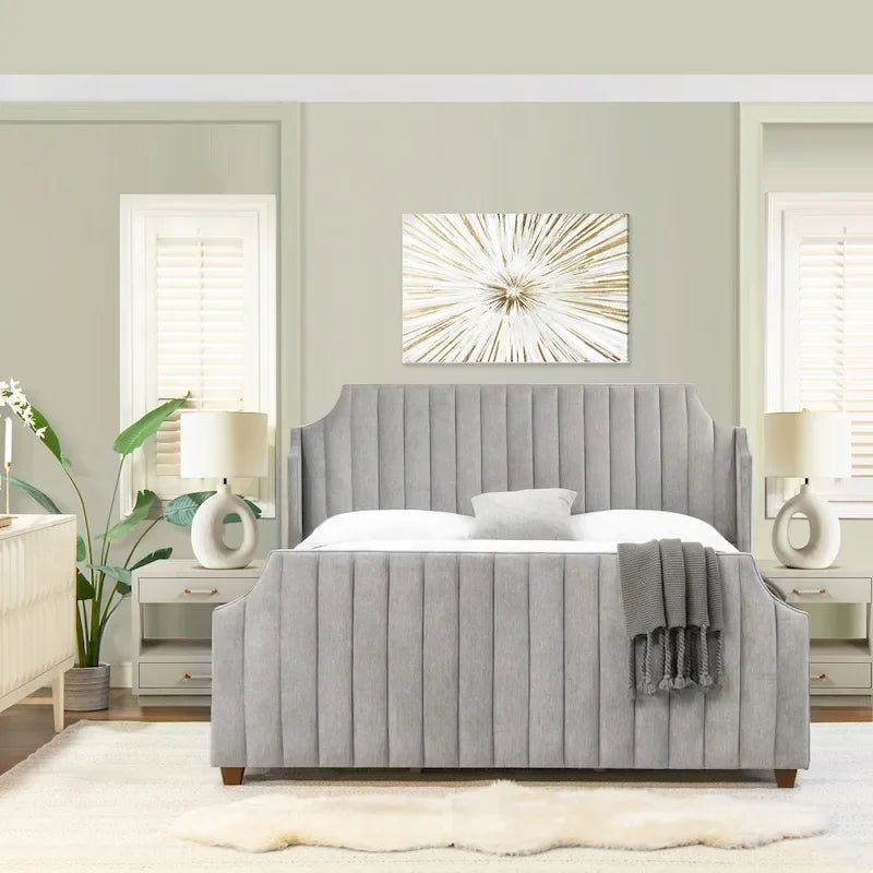 Lit King size en velours et polyester capitonné Cloud White / Silver Grey, 2 personnes