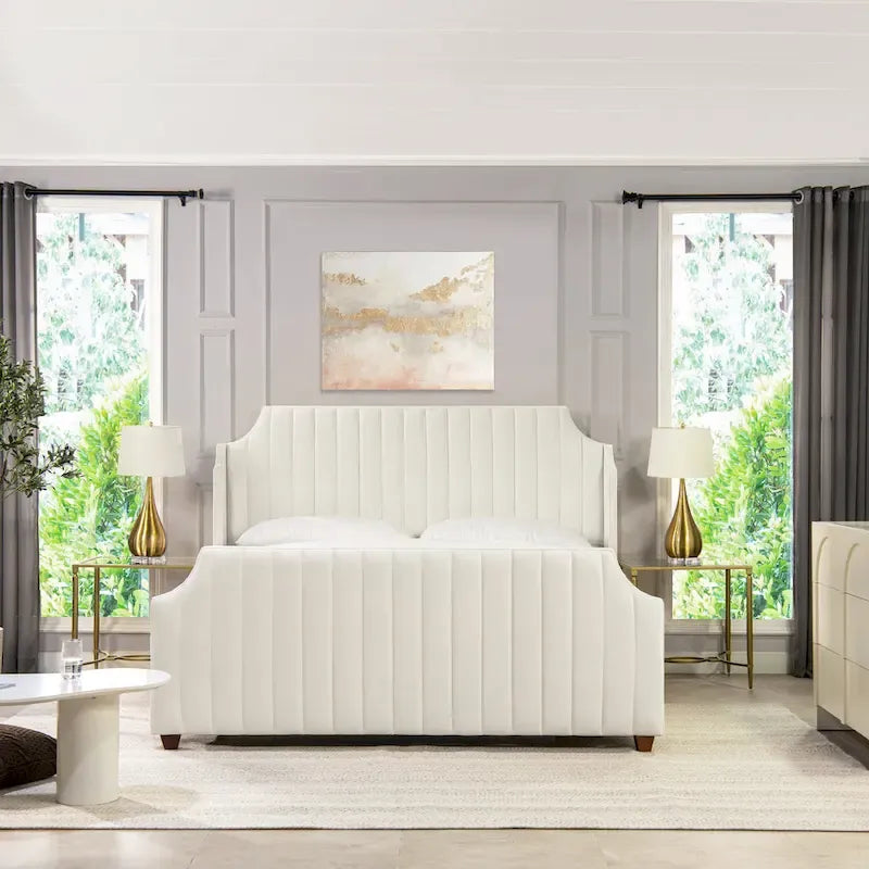 Lit King size en velours et polyester capitonné Cloud White / Silver Grey, 2 personnes