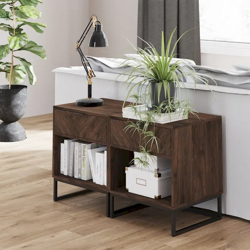 Table de chevet noyer/noir et blanc avec tiroir et étagère ouverte, simple ou lot de 2