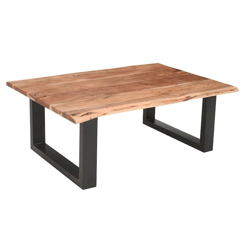 Table basse rectangulaire en acacia à bords bruts marron et noir avec piétement luge en métal