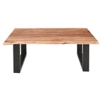 Table basse rectangulaire en acacia à bords bruts marron et noir avec piétement luge en métal
