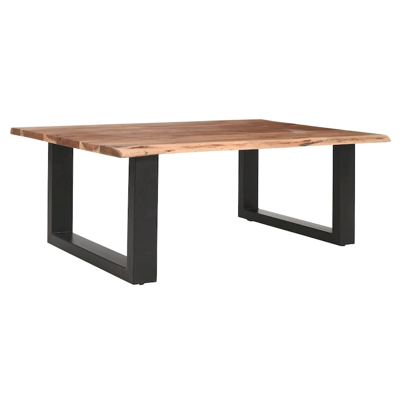 Table basse rectangulaire en acacia à bords bruts marron et noir avec piétement luge en métal