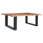 Table basse rectangulaire en acacia à bords bruts marron et noir avec piétement luge en métal