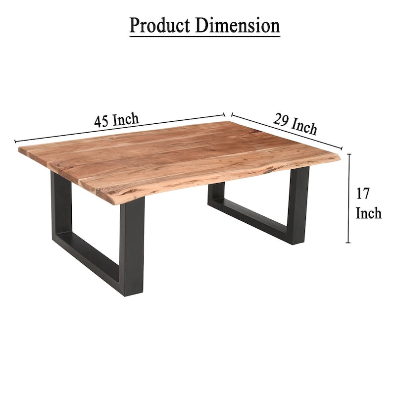Table basse rectangulaire en acacia à bords bruts marron et noir avec piétement luge en métal