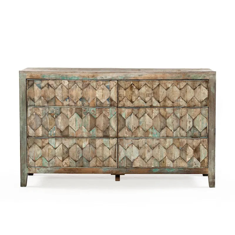 Commode en teck recyclé sarcelle – Façade hexagonale, 5 ou 6 tiroirs