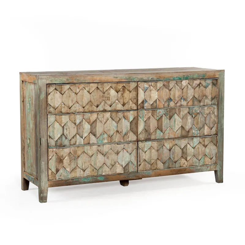 Commode en teck recyclé sarcelle – Façade hexagonale, 5 ou 6 tiroirs