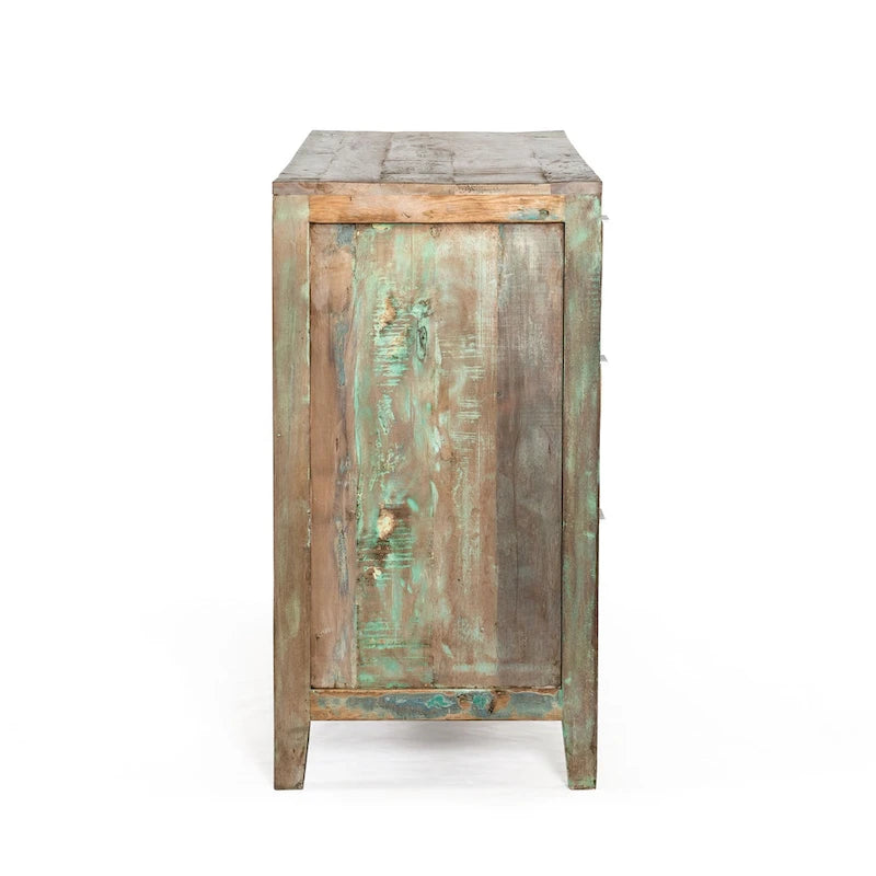Commode en teck recyclé sarcelle – Façade hexagonale, 5 ou 6 tiroirs