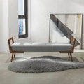 Banc rembourré en tissu gris, pieds en noyer, 2 places