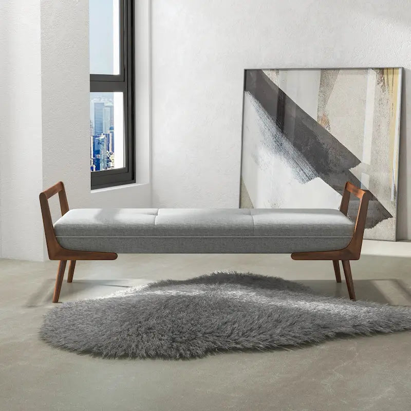 Banc rembourré en tissu gris, pieds en noyer, 2 places