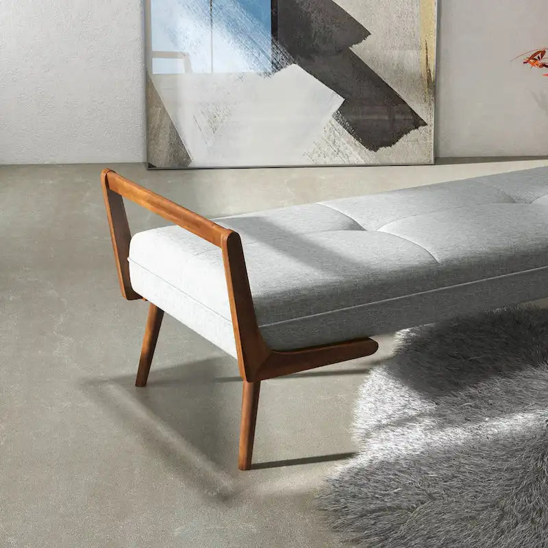 Banc rembourré en tissu gris, pieds en noyer, 2 places