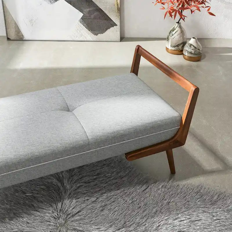 Banc rembourré en tissu gris, pieds en noyer, 2 places