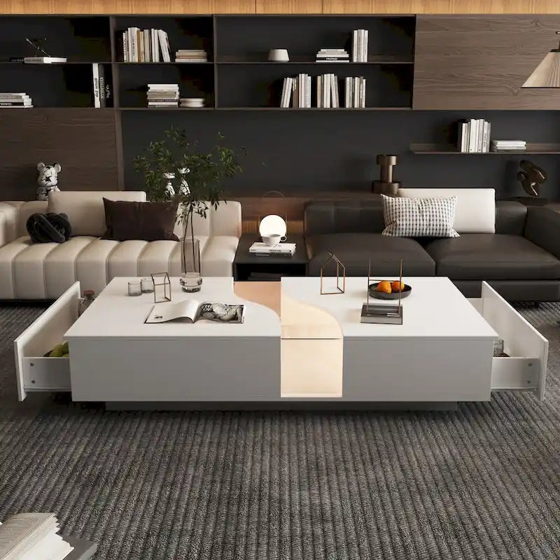 Table Basse Blanche 2 Tiroirs avec Éclairage LED 7 Couleurs – 55.1W