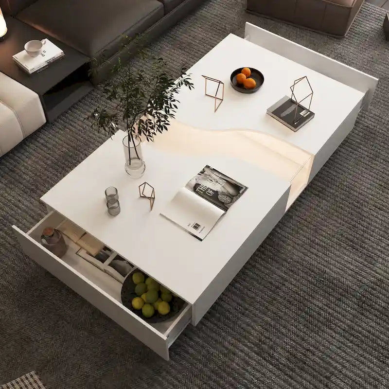 Table Basse Blanche 2 Tiroirs avec Éclairage LED 7 Couleurs – 55.1W