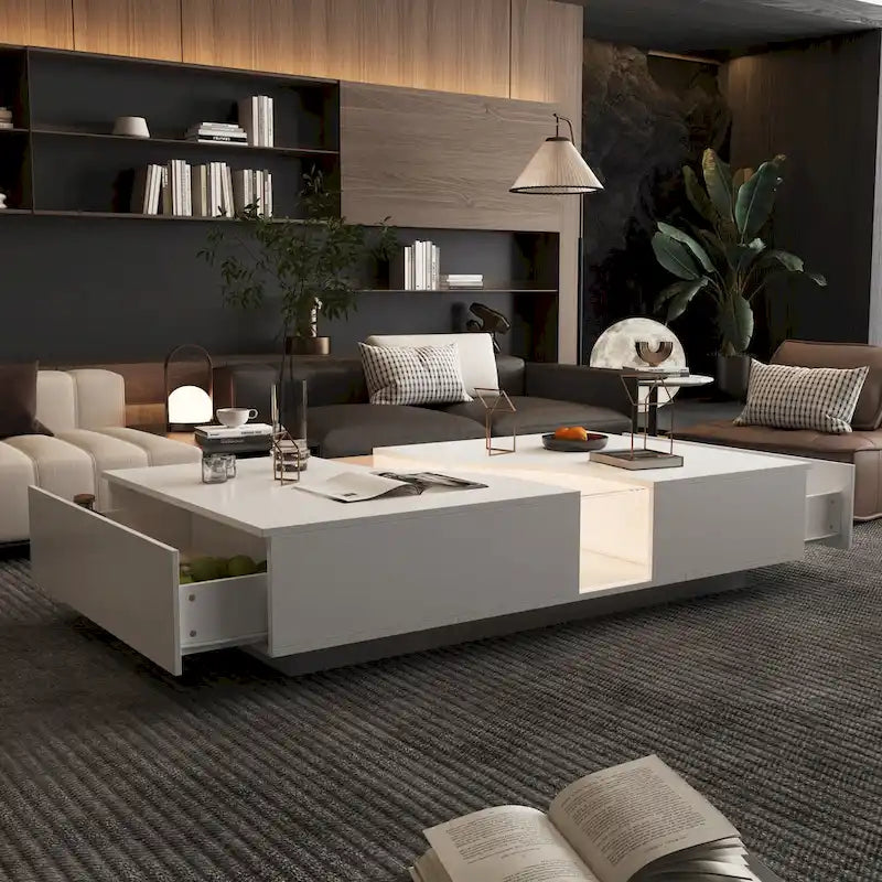 Table Basse Blanche 2 Tiroirs avec Éclairage LED 7 Couleurs – 55.1W