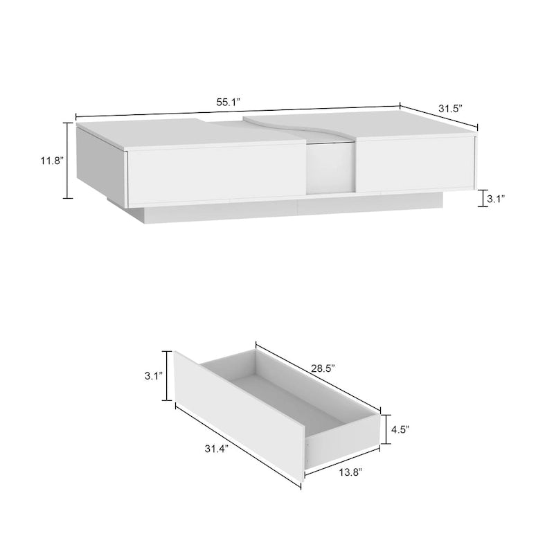 Table Basse Blanche 2 Tiroirs avec Éclairage LED 7 Couleurs – 55.1W