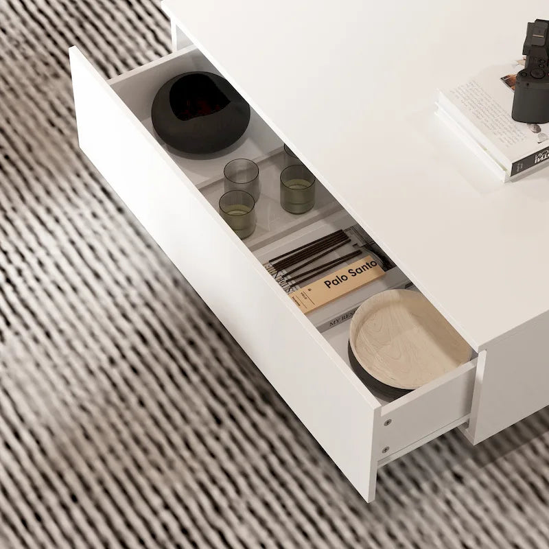 Table Basse Blanche 2 Tiroirs avec Éclairage LED 7 Couleurs – 55.1W