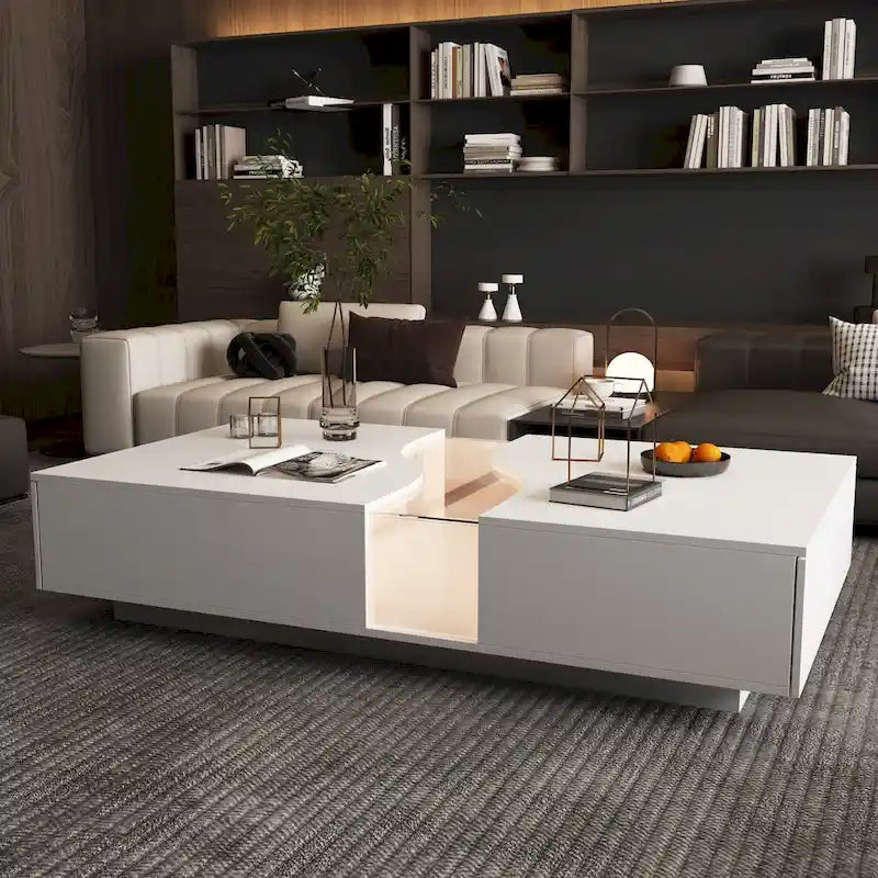 Table Basse Blanche 2 Tiroirs avec Éclairage LED 7 Couleurs – 55.1W