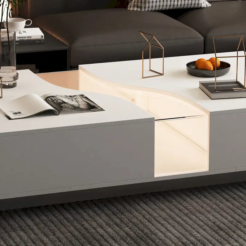 Table Basse Blanche 2 Tiroirs avec Éclairage LED 7 Couleurs – 55.1W