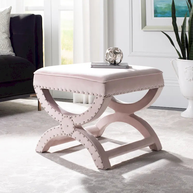 Banc ottoman à piétement en X – Rembourré en lin | Détails cloutés | 1 place | 7 coloris