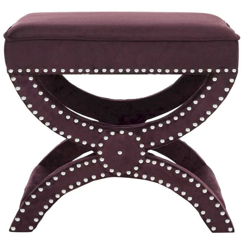 Banc ottoman à piétement en X – Rembourré en lin | Détails cloutés | 1 place | 7 coloris