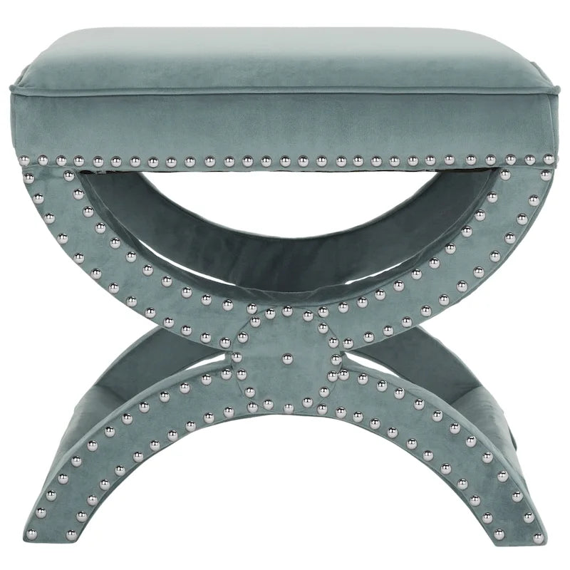 Banc ottoman à piétement en X – Rembourré en lin | Détails cloutés | 1 place | 7 coloris