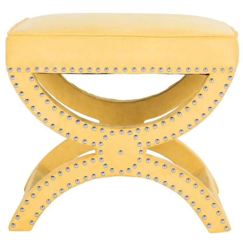 Banc ottoman à piétement en X – Rembourré en lin | Détails cloutés | 1 place | 7 coloris