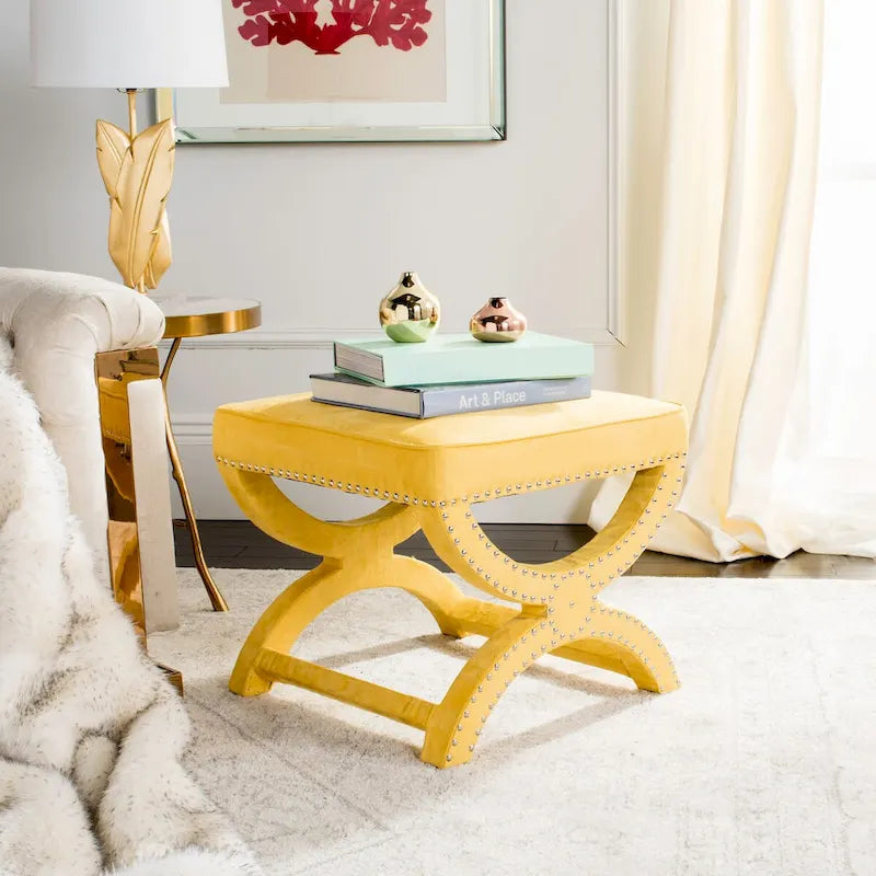 Banc ottoman à piétement en X – Rembourré en lin | Détails cloutés | 1 place | 7 coloris