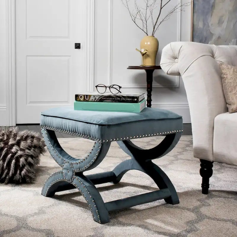 Banc ottoman à piétement en X – Rembourré en lin | Détails cloutés | 1 place | 7 coloris