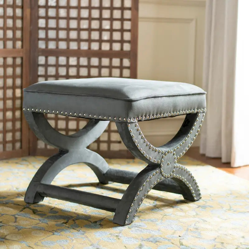 Banc ottoman à piétement en X – Rembourré en lin | Détails cloutés | 1 place | 7 coloris