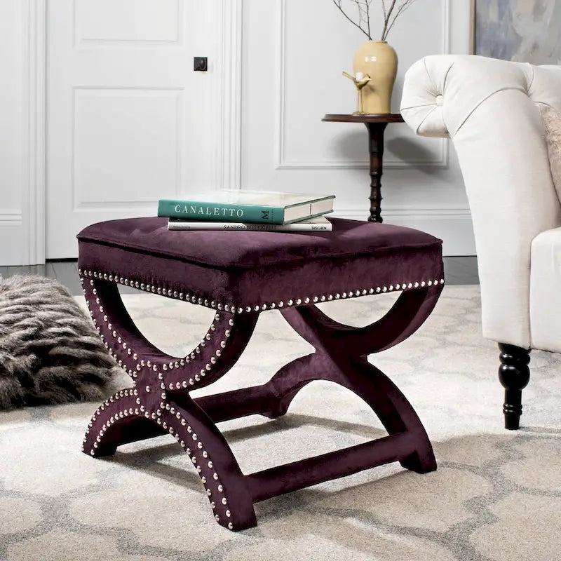 Banc ottoman à piétement en X – Rembourré en lin | Détails cloutés | 1 place | 7 coloris