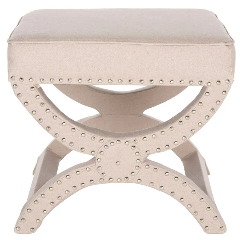 Banc ottoman à piétement en X – Rembourré en lin | Détails cloutés | 1 place | 7 coloris