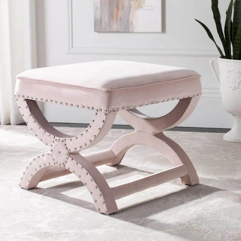 Banc ottoman à piétement en X – Rembourré en lin | Détails cloutés | 1 place | 7 coloris