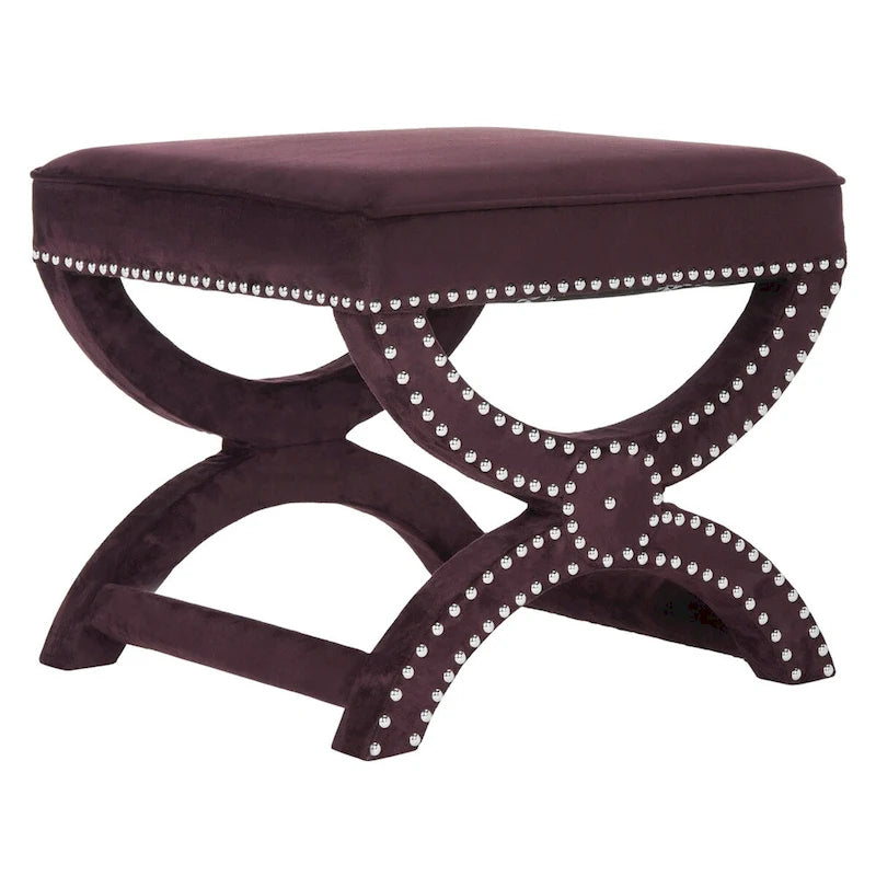 Banc ottoman à piétement en X – Rembourré en lin | Détails cloutés | 1 place | 7 coloris