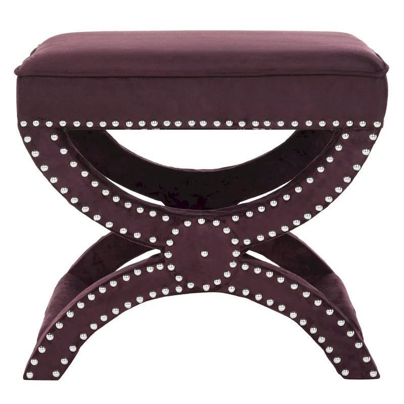 Banc ottoman à piétement en X – Rembourré en lin | Détails cloutés | 1 place | 7 coloris