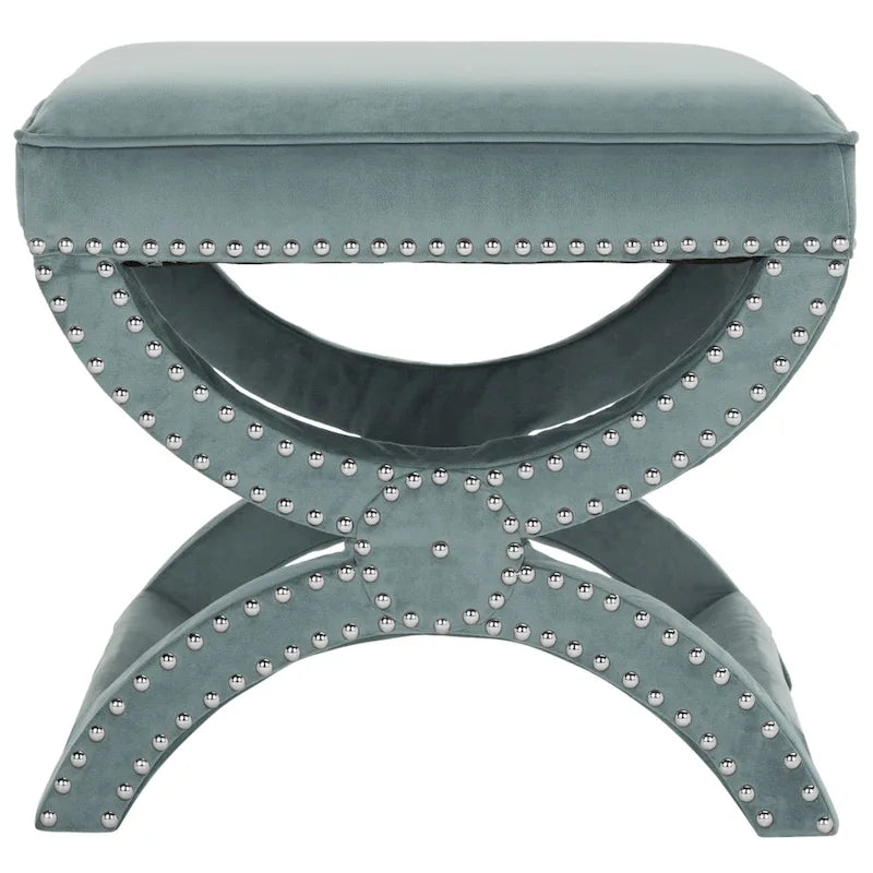 Banc ottoman à piétement en X – Rembourré en lin | Détails cloutés | 1 place | 7 coloris