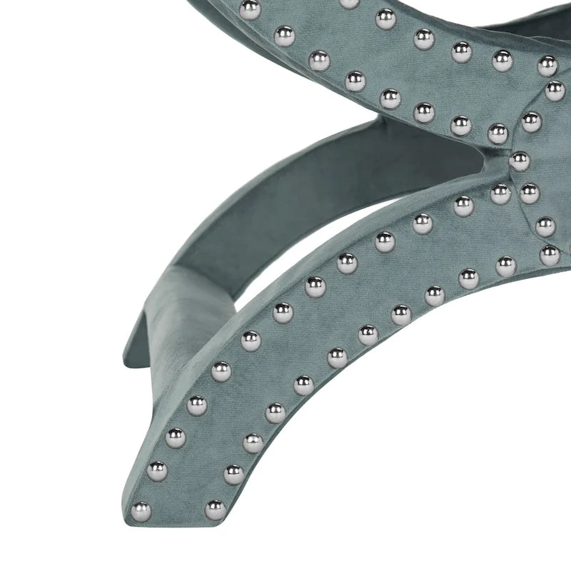 Banc ottoman à piétement en X – Rembourré en lin | Détails cloutés | 1 place | 7 coloris