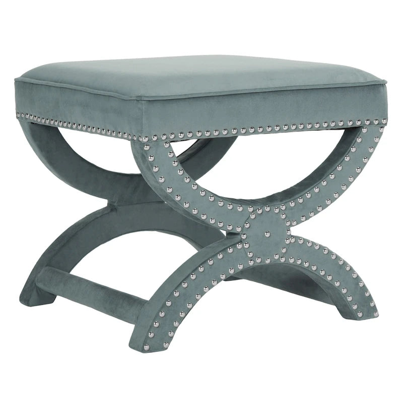 Banc ottoman à piétement en X – Rembourré en lin | Détails cloutés | 1 place | 7 coloris