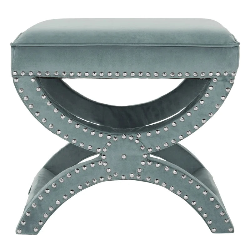 Banc ottoman à piétement en X – Rembourré en lin | Détails cloutés | 1 place | 7 coloris