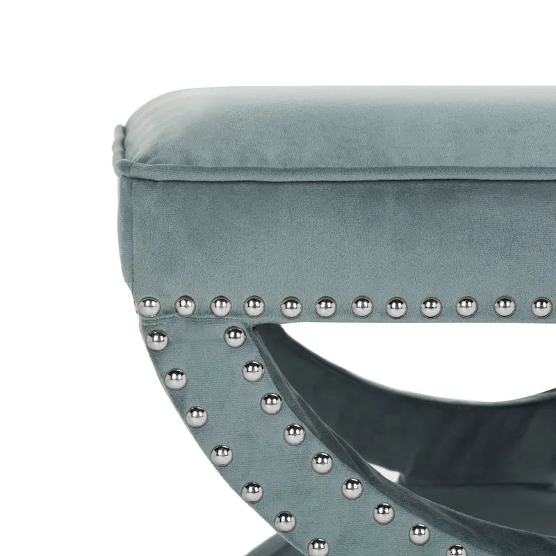 Banc ottoman à piétement en X – Rembourré en lin | Détails cloutés | 1 place | 7 coloris