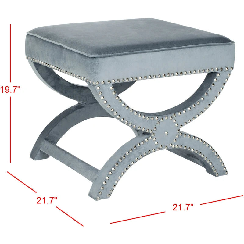 Banc ottoman à piétement en X – Rembourré en lin | Détails cloutés | 1 place | 7 coloris