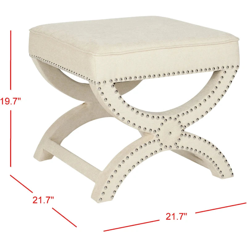 Banc ottoman à piétement en X – Rembourré en lin | Détails cloutés | 1 place | 7 coloris