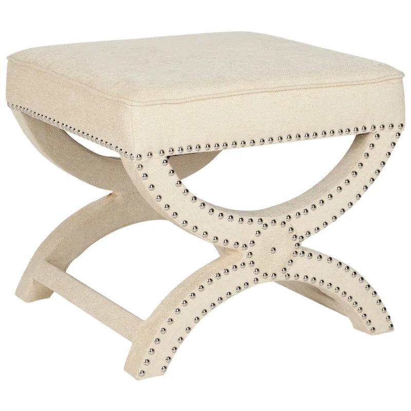 Banc ottoman à piétement en X – Rembourré en lin | Détails cloutés | 1 place | 7 coloris