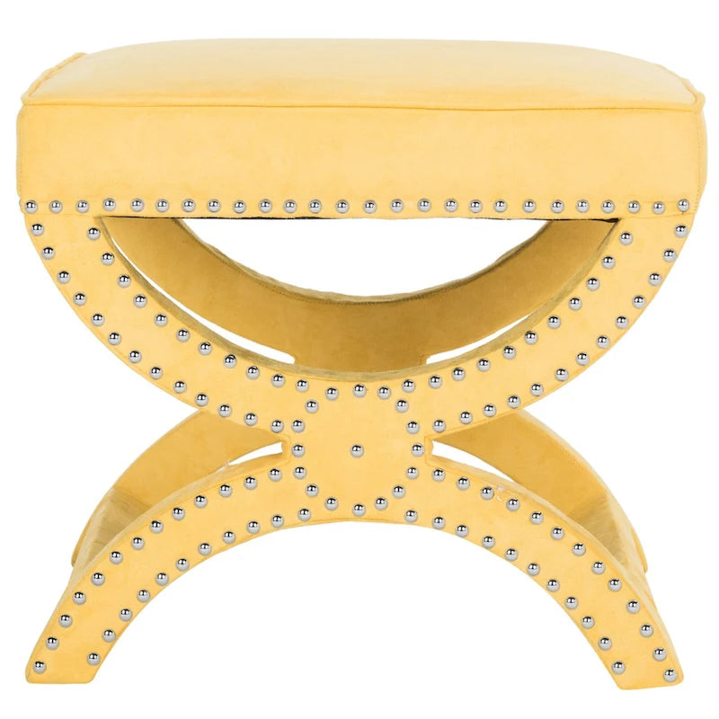 Banc ottoman à piétement en X – Rembourré en lin | Détails cloutés | 1 place | 7 coloris