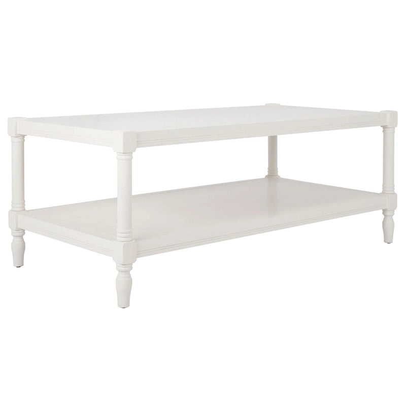 Table basse en pin blanc à pieds fuseau avec étagère inférieure