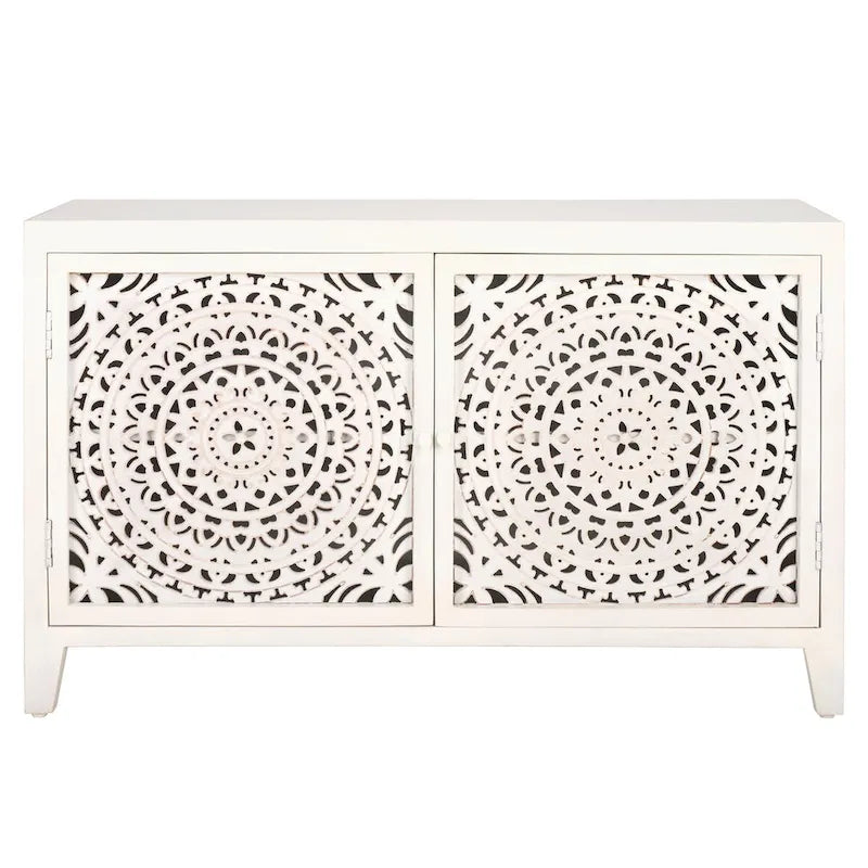 Meuble TV 2 portes 2 étagères en bois de manguier blanchi, 42"L x 15"P x 26"H